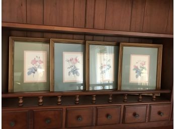 Set Of Four Framed Flower Prints - Matted In Green And Pink, Framed In Nice Beaded Frames