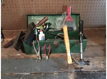 Metal Tool Box Filled With Tools Including Large Vintage Wood Clamp