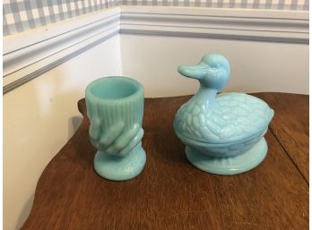Vintage Portieux Vallerysthal Hand Cup & Covered Duck Box ~ Blue Opaline