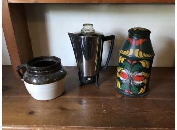 Vintage Desto Coffee Pot, Toll Painted Milk Can, Bean Pot