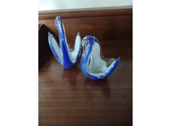 Vintage Vetro Opanina Blue And White Glass Swans