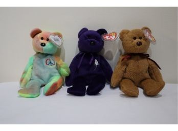 3 Ty Beanie Baby Bears 1993 Curly, 1996 Peace, 1997 Princess