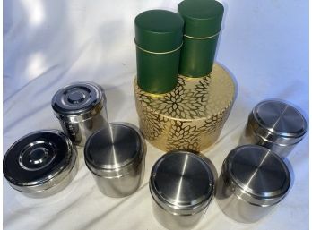 Lot Of Nine Unique Metal Canister Containers Stainless Steel Various Sizes