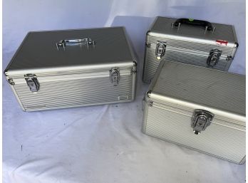 Group Of (3) Nice Silver Metal Handled Carry Cases For Ammo, Jewlery, Etc.