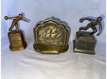 Two 1930s Brass Bowling Trophies And Mayflower Monument