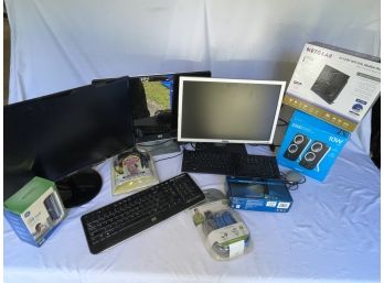 12 Piece Computer Accessory Lot With Monitors, Networking, Keyboards, Hub & More