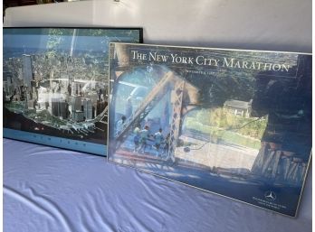 Pair Of New York City Framed 24 X 36 Prints Marathon & Manhattan Pre-9/11