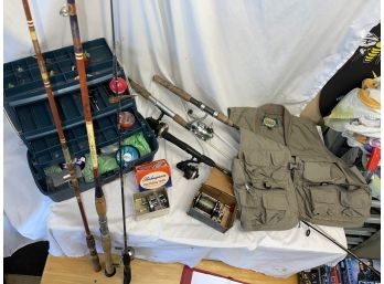 Huge Fishing Gear Lot With 8 Reels, 5 Poles, Tackle And Vest