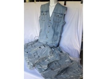 5 New With Tags In Package Denim Biker Vests Assorted Sizes