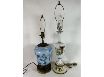 TWO 19TH CENTURY BRISTOL GLASS URN LAMPS