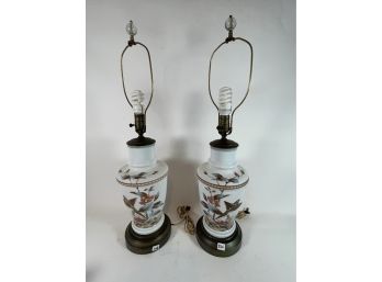 A PAIR OF 19TH CENTURY BRISTOL GLASS LAMPS WITH BIRDS