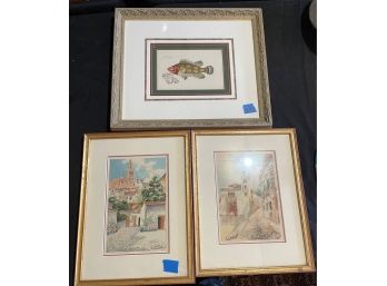 TWO WATERCOLORS SIGNED E. ESTELLA AND AN ANTIQUE FISH