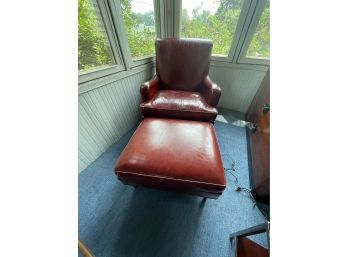 1940'S ASHLEY BY HICKORY FURNITURE LEATHER CLUB CHAIR W/ OTTOMAN