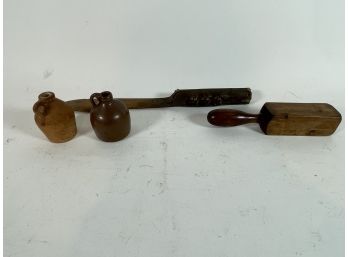 A CARVED BAMBOO KNIFE WITH BULLDOGS, TWO MINIATURE STONEWARE JUGS, A PRIMITIVE PESTLE AND POCKET KNIVES