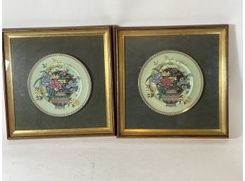 TWO ENGLISH FRAMED HAND PAINTED CLARICE CLIFF PLATES 'bLUE VELVET'