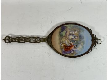 ANTIQUE FRENCH BRONZE HAND MIRROR WITH PAINTED PORCELAIN PLAQUE BACK