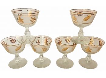 Six MCM Libbey Gold Leaf Frosted Coupe Glasses