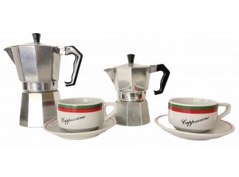 Two Italian Stovetop Coffee Makers & Two Cappuccino Cups / Saucers