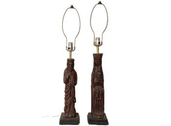 Mid Century Spanish Style Hand Carved Wood Lamps