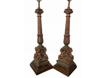 Pair Of Vintage Hollywood Regency Tall Cherub Table Lamps