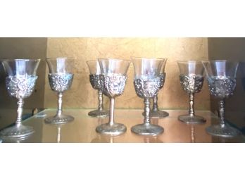 Eight Vintage Silver Plate Kiddush Cups With Glass Inserts