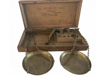 Antique Brass Jewelers' Scale In Wood Box