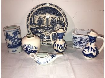 7 Pc Blue & White Pottery And China