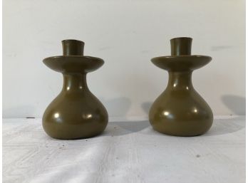 Mid Century Green Pottery Candlesticks