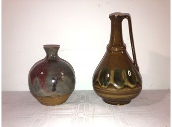 2 Drip Glaze Signed Pottery Ewer & Vase