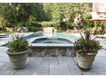 Pair Of Large Cast Stone Planters With Live Plants