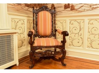 Antique Carved Wood Upholstered Throne Chair (1 Of 2)