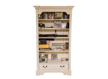 Solid Wood Distressed Bookshelf With Grecian Doric Column Detailing And Single Drawer