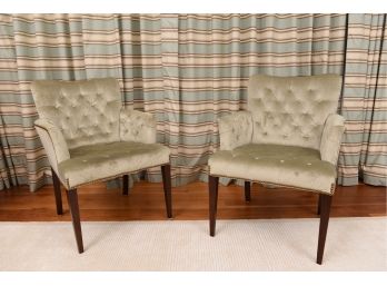 Pair Of Henredon Hickory Madison Tufted Velvet Upholstered Chairs With Brass Nailhead Trim