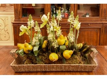 Pear And Floral Centerpiece In Wicker Basket