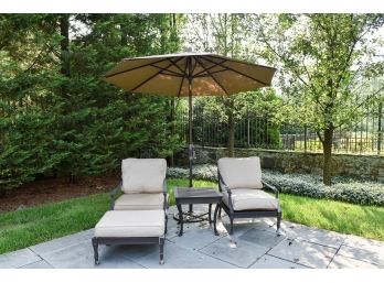 Pair Of Restoration Hardware Chairs, Ottoman, Side Table And Sunbrella Umbrella