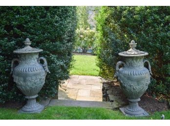 Pair Of Impressive Cast Iron Garden Urns With Removable Lids