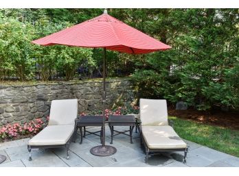 Pair Of Restoration Hardware Adjustable Lounge Chairs And Cushions, Two Tables And Sunbrella Umbrella