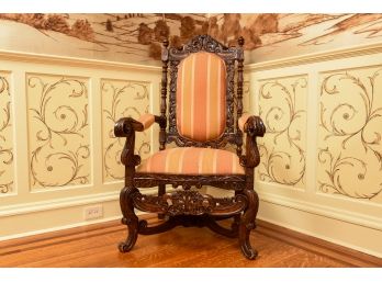 Antique Carved Wood Upholstered Throne Chair (2 Of 2)