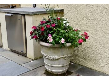 Large Cast Stone Outdoor Planter With Live Floral Plants