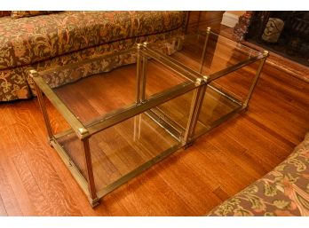 Pair Of Hollywood Regency Brass And Glass Top End Tables In The Style Of Maison Bagus