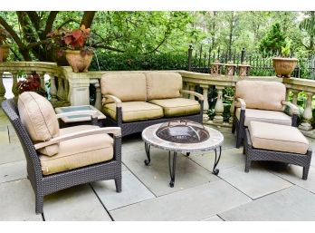 Gloster Plantation Teak And All Weather Wicker Patio Set - Two Chairs, Ottoman, Loveseat And Side Table