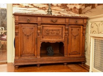 Antique French Louis XVI Style Carved Oak Rouge Marble Top Sideboard