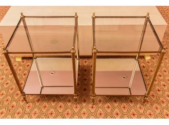 Hollywood Regency Style Brass And Glass Side Tables With A Mirrored Lowered Shelf