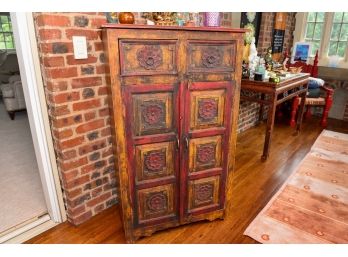 Antique Tibetan Hand Painted Cabinet With Floral Design