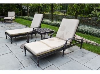 Pair Of Restoration Hardware Lounge Chairs And Cushions, Side Table And Umbrella Stand