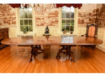 Antique Wood Dining Room Table With Twisted Double Pedestal And Two Leaves