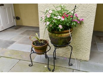 Pair Of Planters With Live Plants And Plant Stands