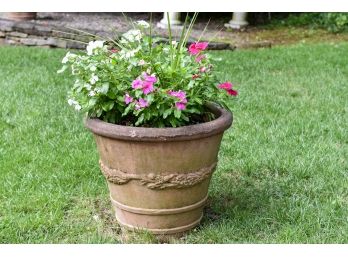 Large Cast Stone Round Planter With Live Floral Plants