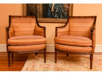 Pair Of Carved Flamed Mahogany Silk Upholstered Armchairs With Nailhead Stud Detailing