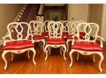 Set Of Ten Country French Splatback Leather Upholstered Dining Room Chairs